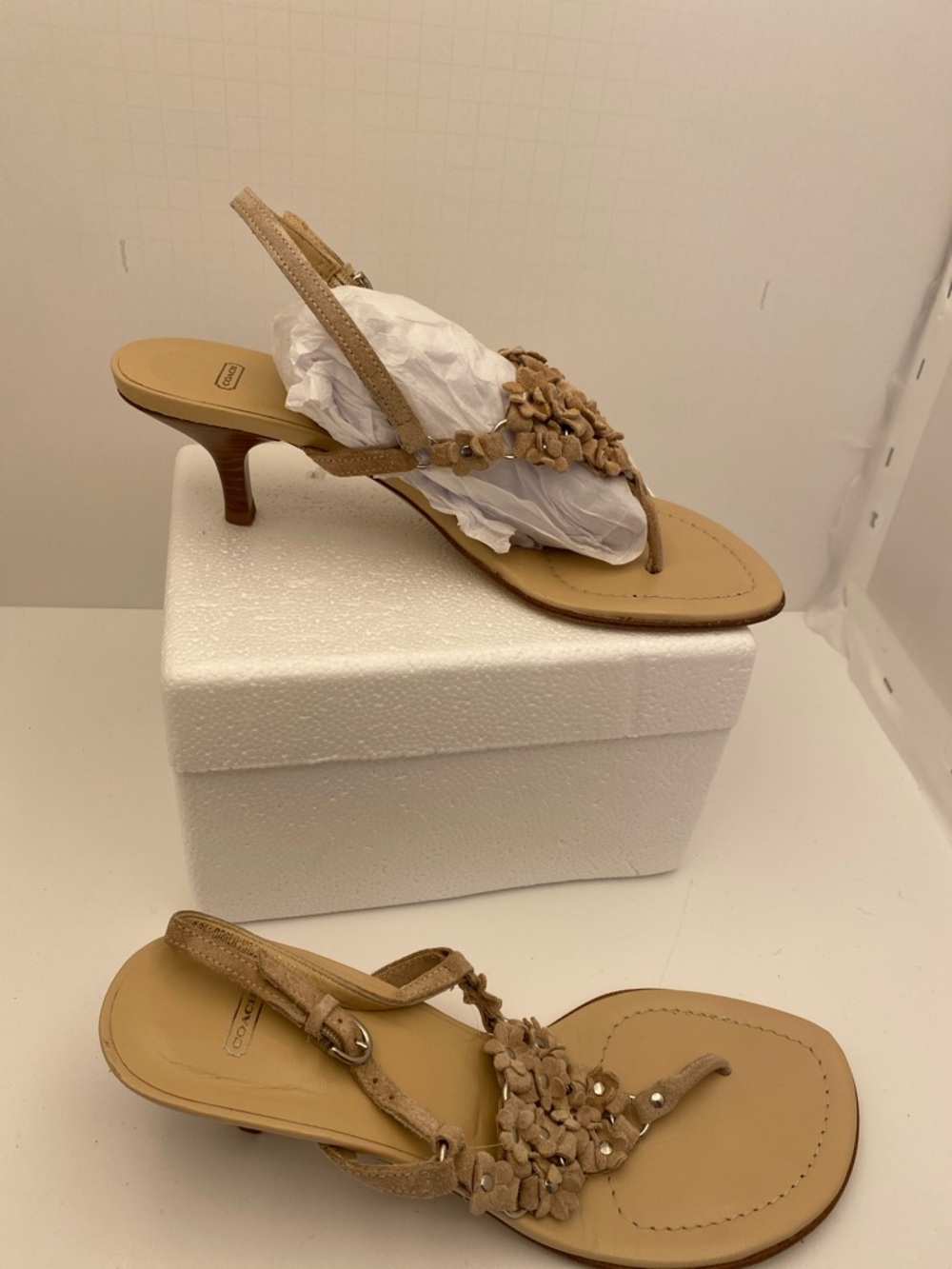 Coach Tan Floral Appliqué Slingback Heeled Thong Sandals - Picture 5 of 5